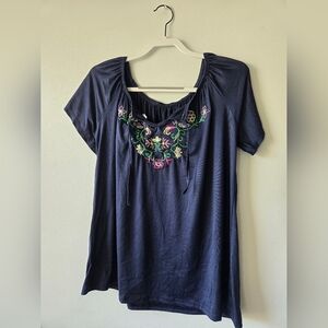 Navy Blue Blouse Floral Embroidery Detail At Front